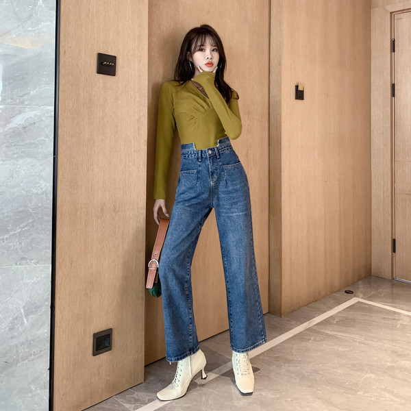 Női aszimmetrikus farmernadrág 9/10 hosszúságú kék színben - széles modell