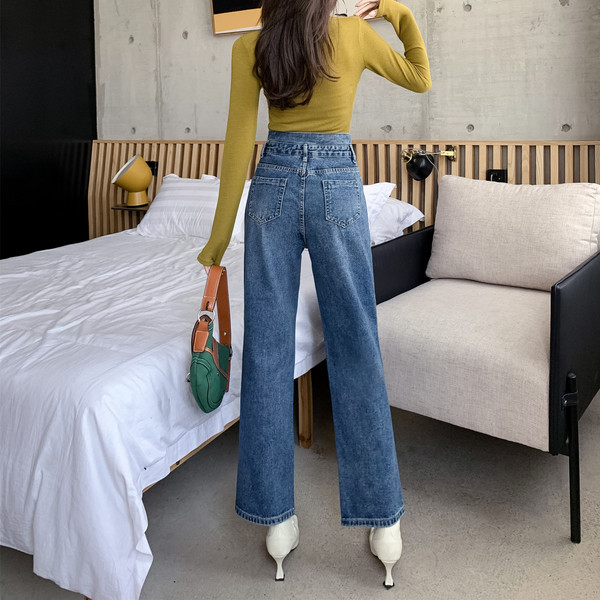 Női aszimmetrikus farmernadrág 9/10 hosszúságú kék színben - széles modell