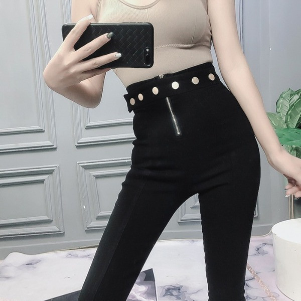 Γυναικείο σλιμ παντελόνο με φερμουάρ και ψηλή μέση