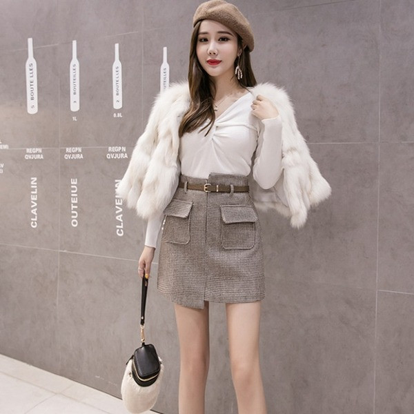 Fusta de dama moderna cu centura si buzunare in maro si gri