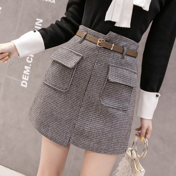 Fusta de dama moderna cu centura si buzunare in maro si gri