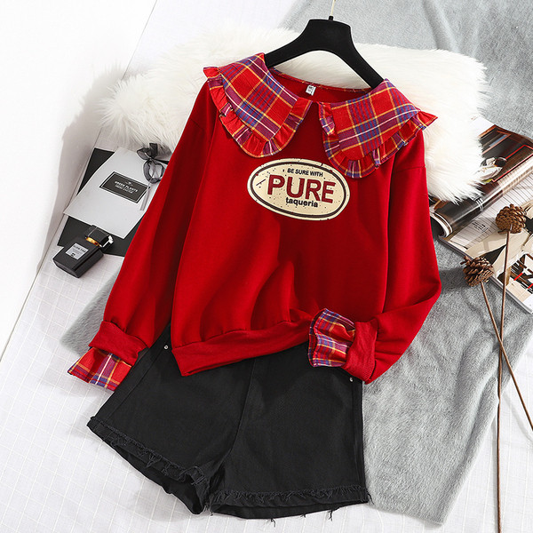 Új modell modern női blúz piros és fekete rátéttel