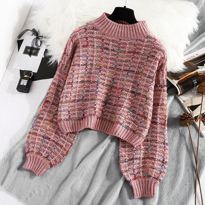 Modern női pulóver pólógallérral, rózsaszín és barna mintával