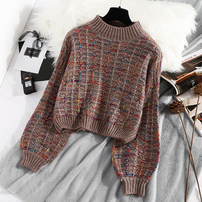 Modern női pulóver pólógallérral, rózsaszín és barna mintával