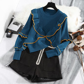 Új modell női pulóver kerek nyakkivágással, kék, sárga és barna színekben