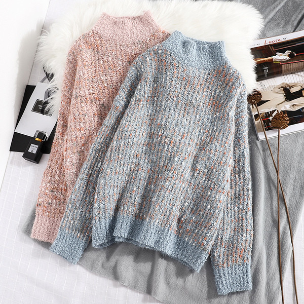 Μοντέρνο γυναικείο πουλόβερ με κολάρο σε ροζ, μπλε, μπεζ και πράσινο χρώμα