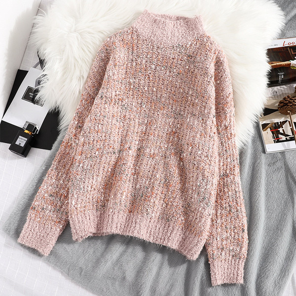 Μοντέρνο γυναικείο πουλόβερ με κολάρο σε ροζ, μπλε, μπεζ και πράσινο χρώμα