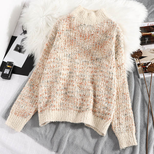 Μοντέρνο γυναικείο πουλόβερ με κολάρο σε ροζ, μπλε, μπεζ και πράσινο χρώμα