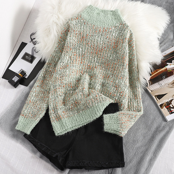 Μοντέρνο γυναικείο πουλόβερ με κολάρο σε ροζ, μπλε, μπεζ και πράσινο χρώμα