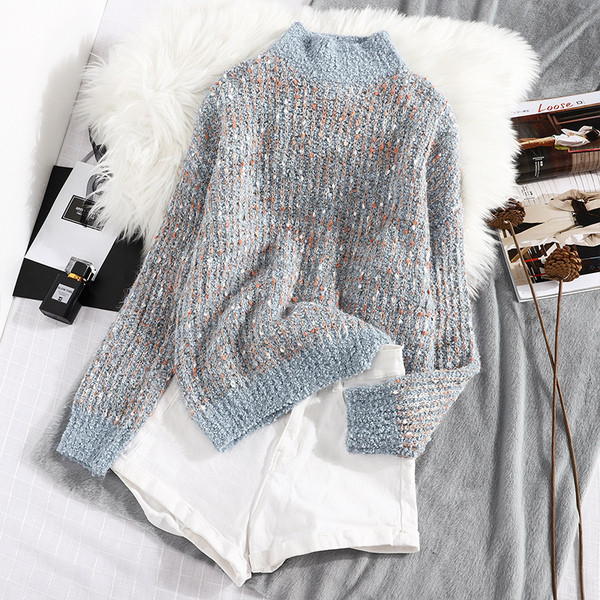 Μοντέρνο γυναικείο πουλόβερ με κολάρο σε ροζ, μπλε, μπεζ και πράσινο χρώμα