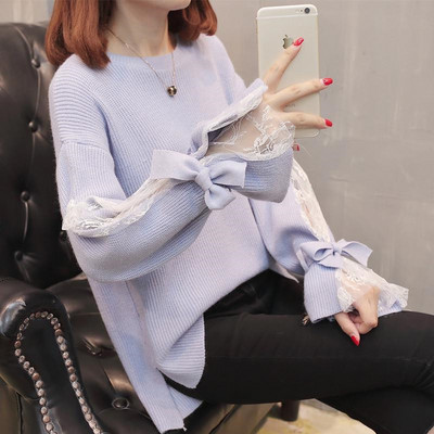 Modern női pulóver csipkével és szalaggal több színben