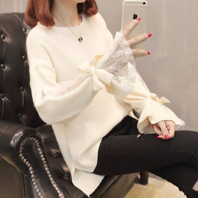 Modern női pulóver csipkével és szalaggal több színben