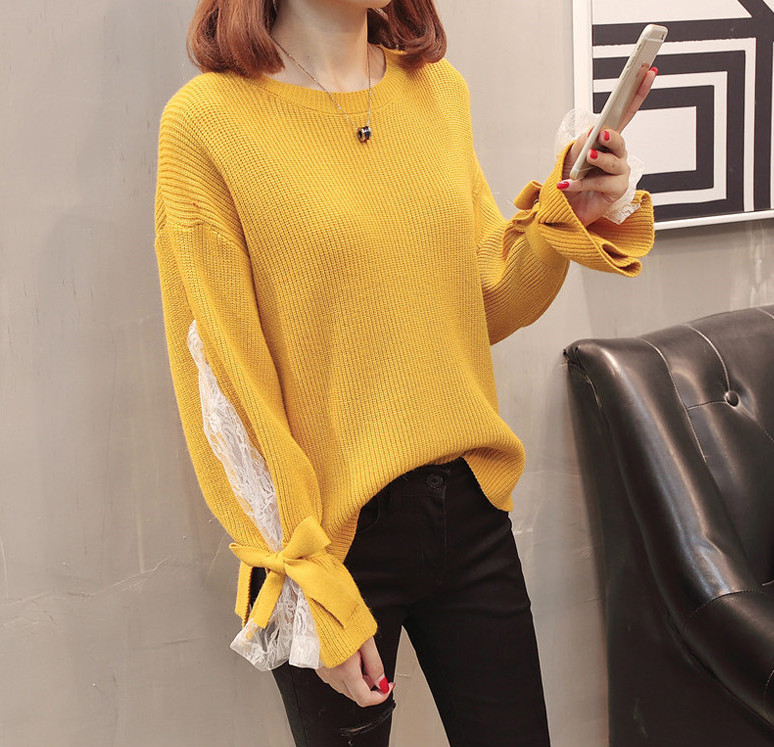 Modern női pulóver csipkével és szalaggal több színben