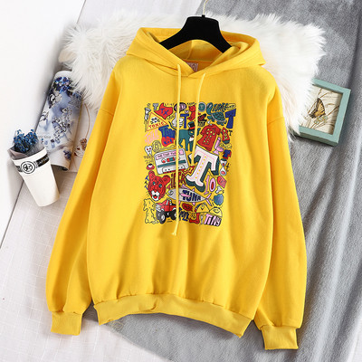 Modern női pulóver kapucnival sárga, kék és rózsaszín színben, rátéttel