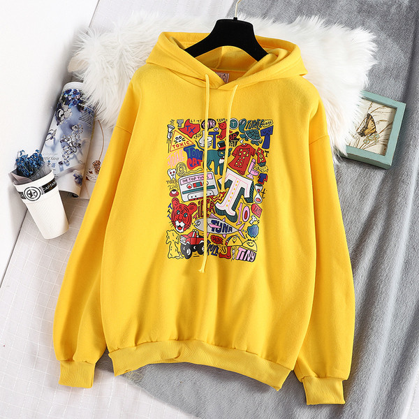 Modern női pulóver kapucnival sárga, kék és rózsaszín színben, rátéttel