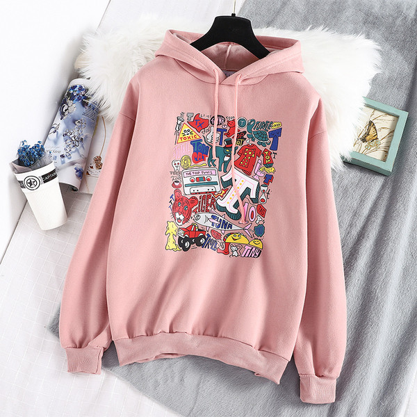 Modern női pulóver kapucnival sárga, kék és rózsaszín színben, rátéttel