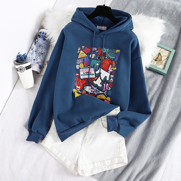 Modern női pulóver kapucnival sárga, kék és rózsaszín színben, rátéttel