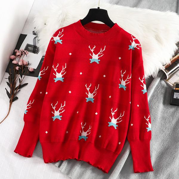 Modern női pulóver kerek nyakkivágással, piros és fekete színben