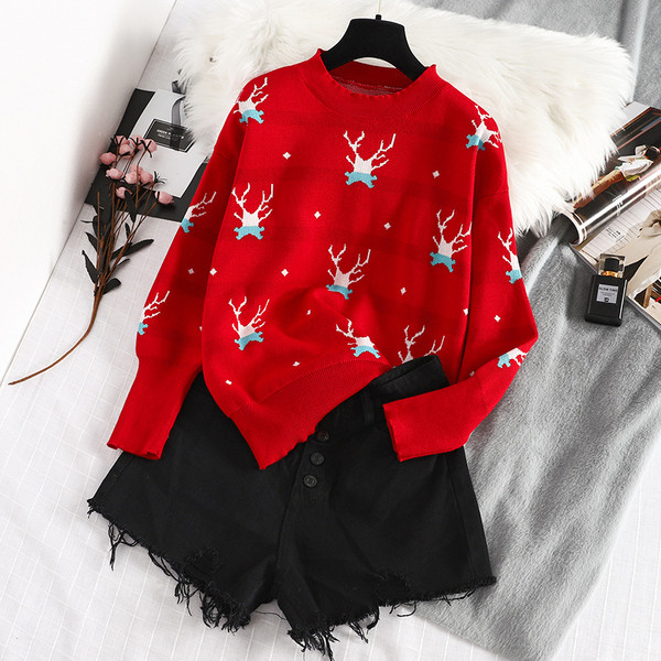 Modern női pulóver kerek nyakkivágással, piros és fekete színben