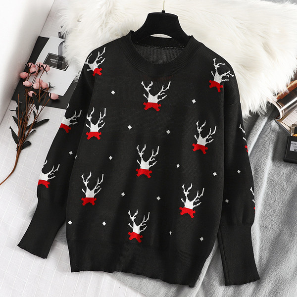 Modern női pulóver kerek nyakkivágással, piros és fekete színben