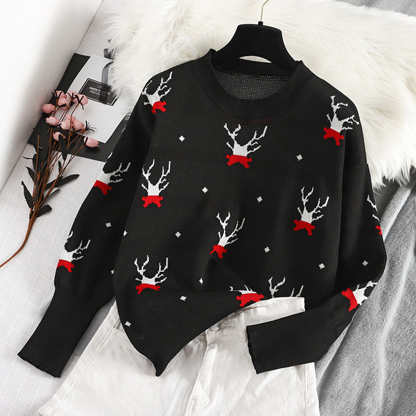 Modern női pulóver kerek nyakkivágással, piros és fekete színben