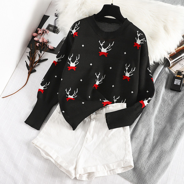 Modern női pulóver kerek nyakkivágással, piros és fekete színben