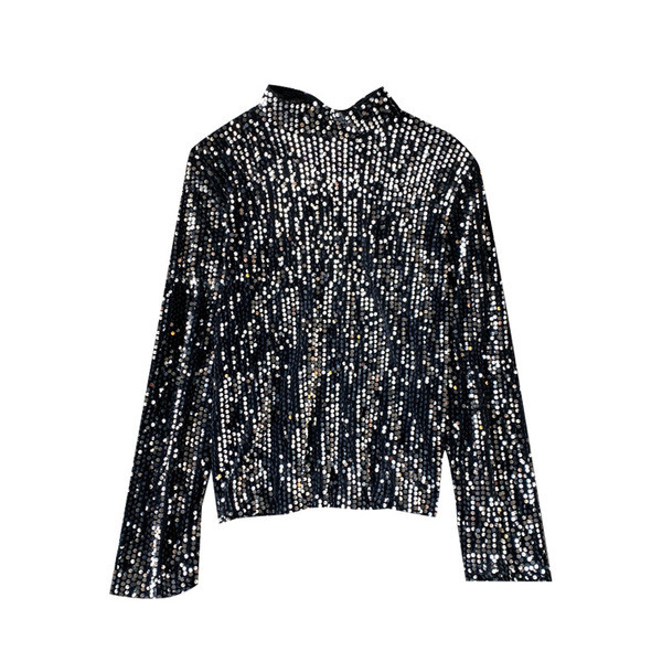 Μοντέρνο γυναικείο πουλόβερ με υψηλό γιακά και γυαλιστερό αποτέλεσμα σε τρία χρώματα