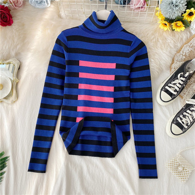 Női alkalmi pulóver magas gallérral, kék, piros és sárga színekben