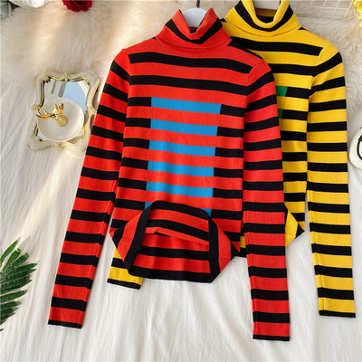 Női alkalmi pulóver magas gallérral, kék, piros és sárga színekben