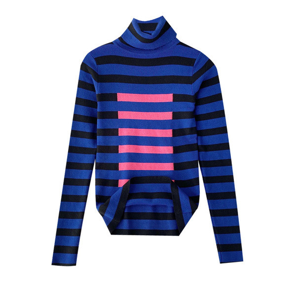 Női alkalmi pulóver magas gallérral, kék, piros és sárga színekben