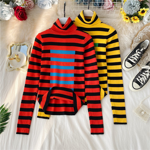 Női alkalmi pulóver magas gallérral, kék, piros és sárga színekben