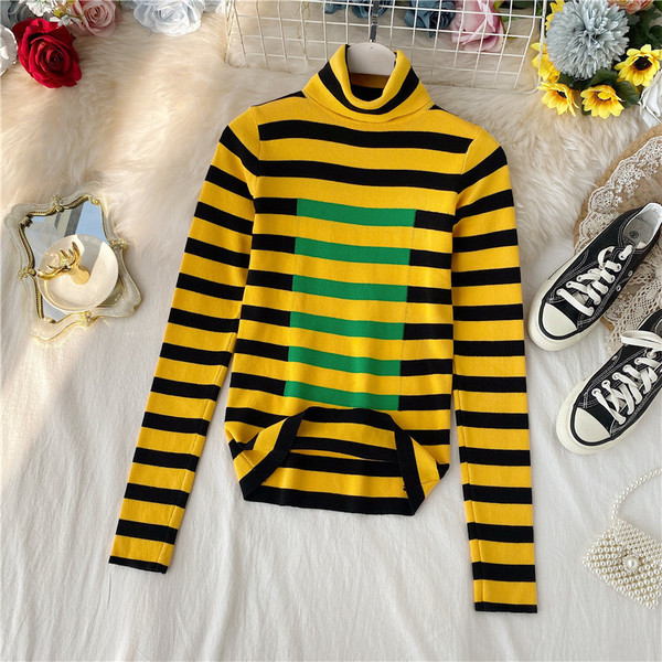 Női alkalmi pulóver magas gallérral, kék, piros és sárga színekben