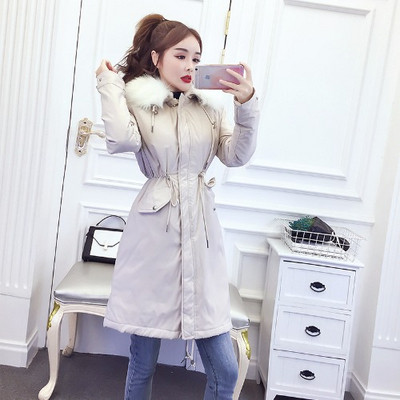 Geacă lungă de iarnă cu fermoar și șireturi și puf la guler