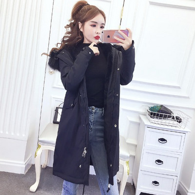 Geacă lungă de iarnă cu fermoar și șireturi și puf la guler