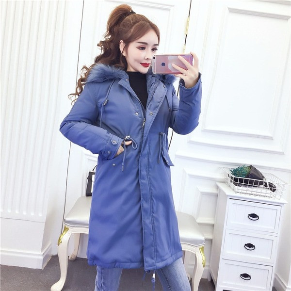 Geacă lungă de iarnă cu fermoar și șireturi și puf la guler