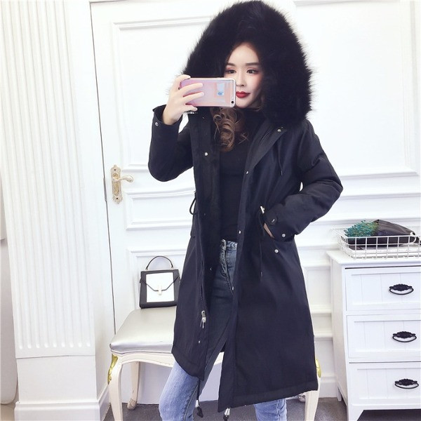 Geacă lungă de iarnă cu fermoar și șireturi și puf la guler