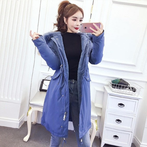 Geacă lungă de iarnă cu fermoar și șireturi și puf la guler