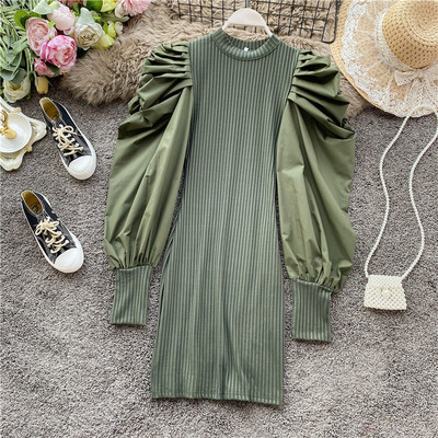 Modern női ruha magas gallérral és széles ujjú négy színben