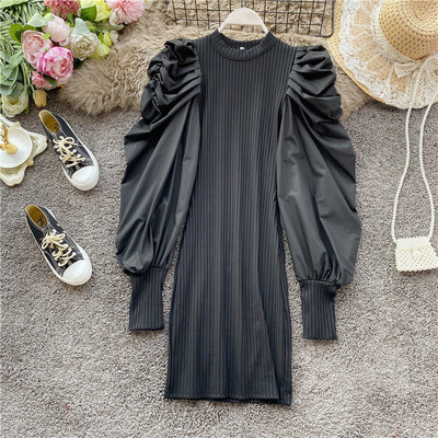 Modern női ruha magas gallérral és széles ujjú négy színben