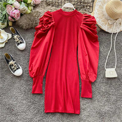 Modern női ruha magas gallérral és széles ujjú négy színben