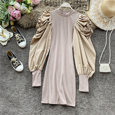 Modern női ruha magas gallérral és széles ujjú négy színben