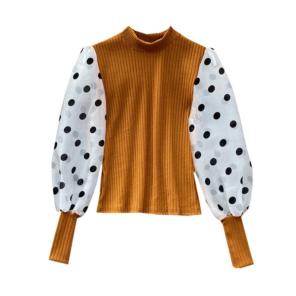 Modern női blúz magas gallérral és tüll ujjakkal, különböző színekben