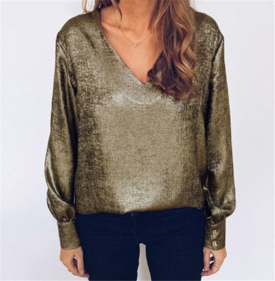 Stílusos női blúz spitz nyakkivágással és hosszú ujjú gombokkal