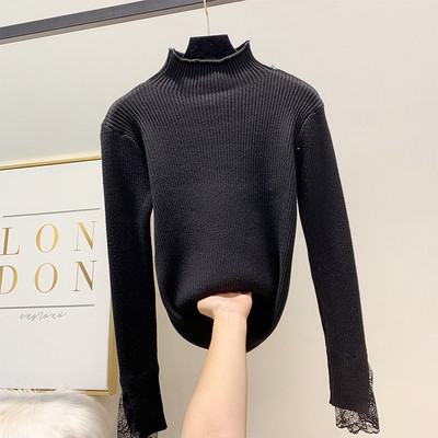 Modern női pulóver csipkével az ujjakon és magas pólógallérral