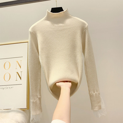 Modern női pulóver csipkével az ujjakon és magas pólógallérral