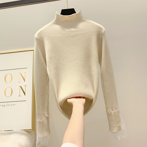 Modern női pulóver csipkével az ujjakon és magas pólógallérral