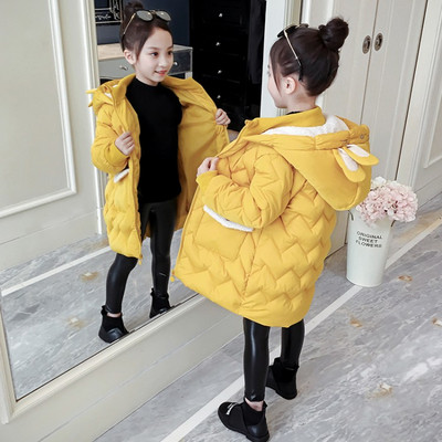 Modern gyerekdzseki lányoknak kapucnival sárga, rózsaszín és fekete rátéttel