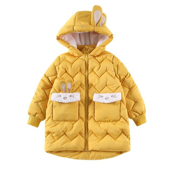 Modern gyerekdzseki lányoknak kapucnival sárga, rózsaszín és fekete rátéttel