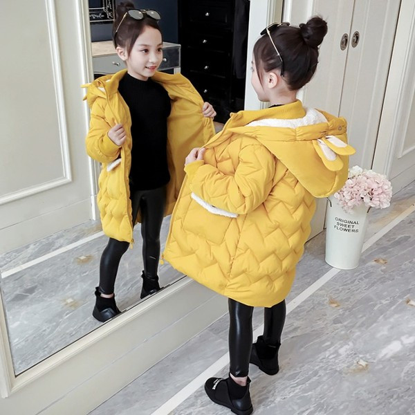 Modern gyerekdzseki lányoknak kapucnival sárga, rózsaszín és fekete rátéttel