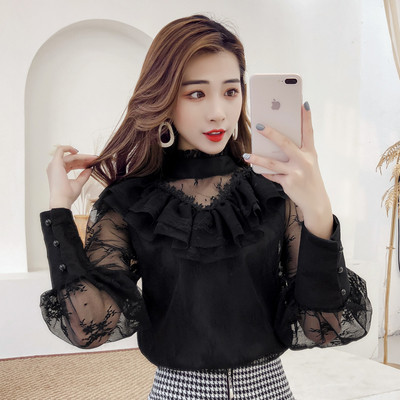 Új modell formális női csipkeblúz magas gallérral